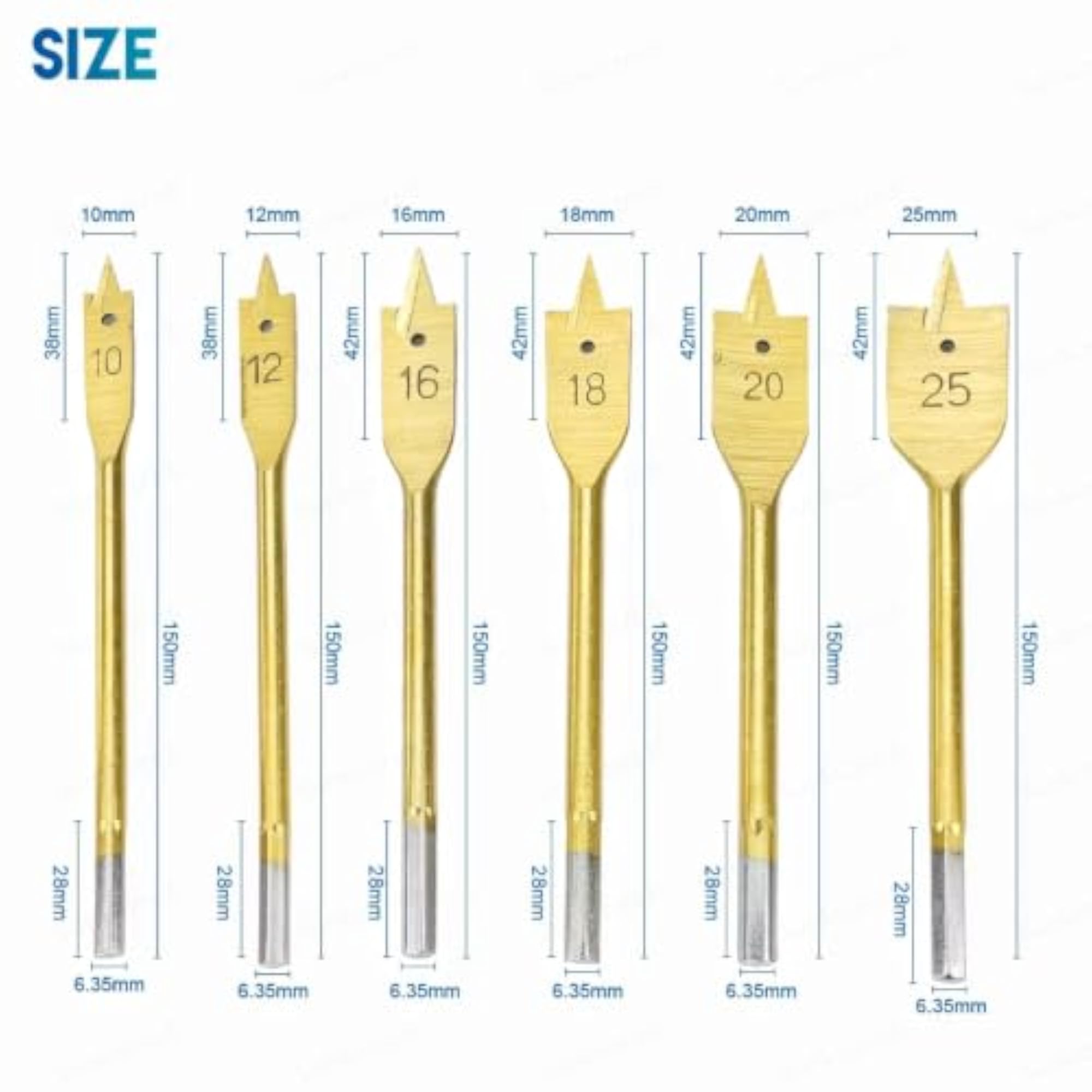 6-Pcs Wood Flat Drill Bits Set with 1/4 Hex Shank